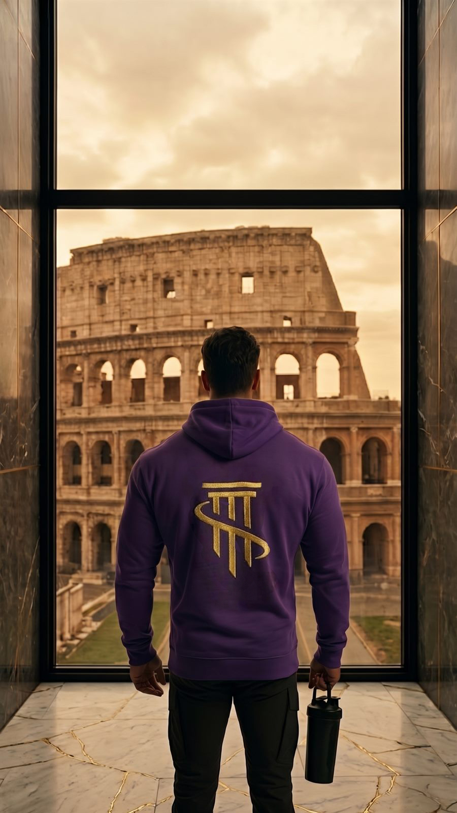 Hombre con hoodie ATHENIS morado frente a un coliseo al amanecer